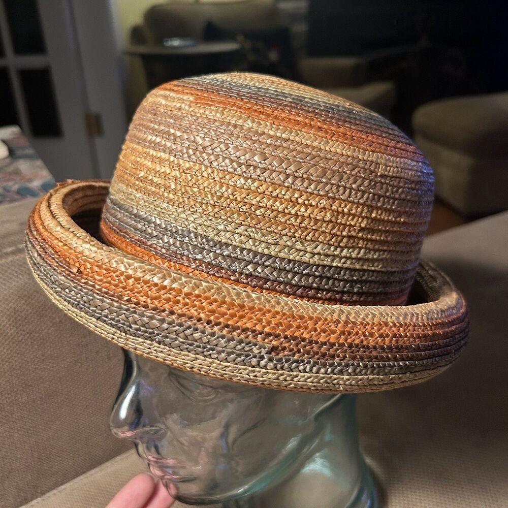 Bass Straw Multicolor Striped Bowler Style Sun Hat Sunhat 90s Vintage Made Italy